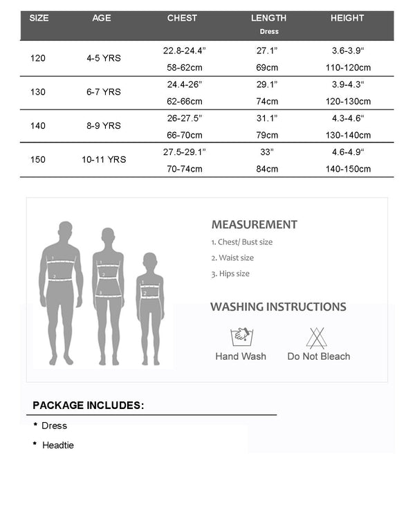 Dorothy costume size chart and washing instructions for sizes 120 to 150