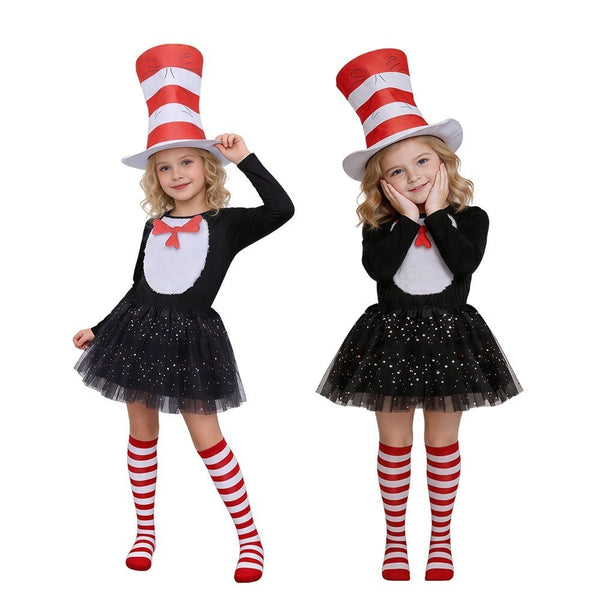 Kids The Cat in The Hat Cosplay Dr.Seuss Costume Cat Outfit Set Girls TUTU Dress