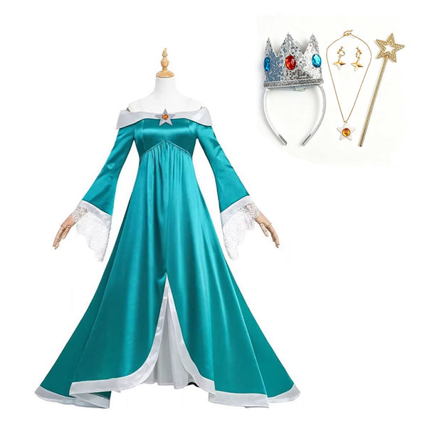 Rosalina princess dress with accessory set including crown, star wand and necklace
