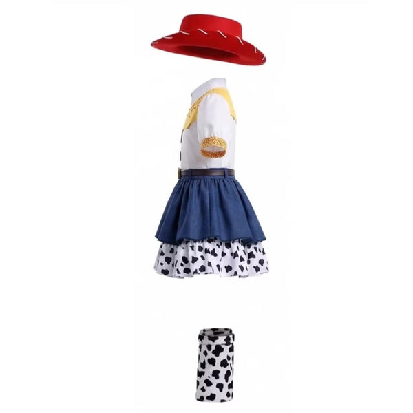 Jessie cowgirl costume top, skirt, hat and leg warmers laid out