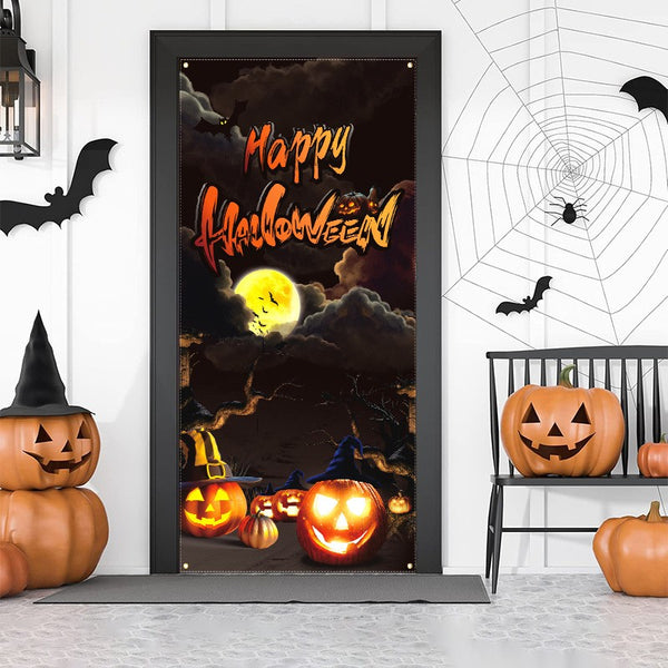 Halloween door cover size guide showing 90cm wide by 180cm high