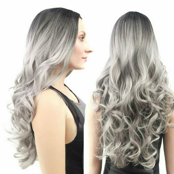 Long Ombre Grey Wavy Synthetic Wig Heat Resistant Lace Front Women's Wig