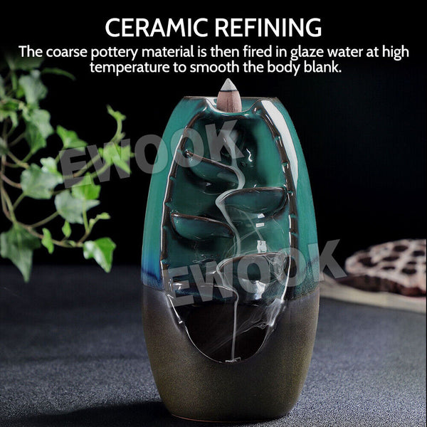 Backflow Ceramic Mountain Waterfall Smoke Incense Burner Cones Holder + 110 Cone