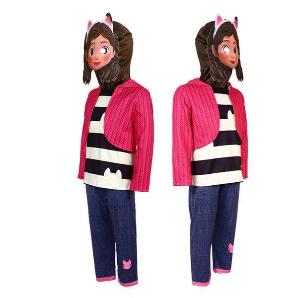 Girls cat costume rear view showing full three piece outfit