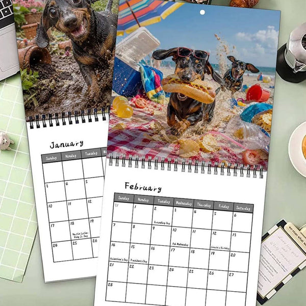 Inside pages of the dachshund calendar showing January and February date grids
