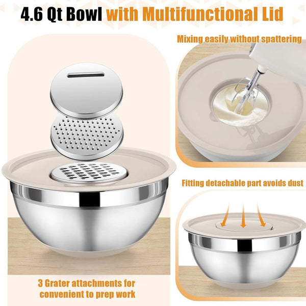 5 Piece Stainless Steel Mixing Bowl Set with Airtight Lids, Graters and Silicone Tongs – Kitchen Prep and Storage Set