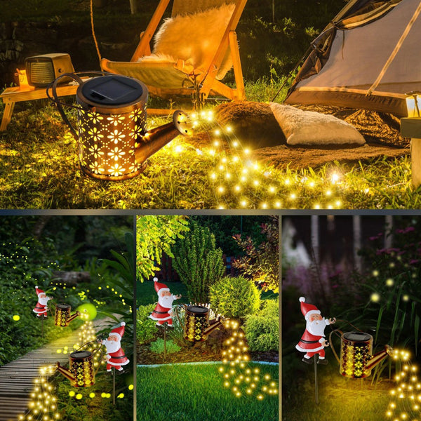 Solar garden stake light beside a path at night