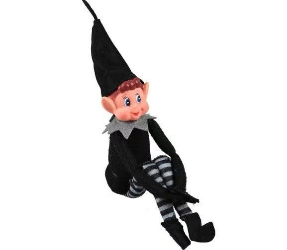 Black boy Christmas elf doll with grey striped legs