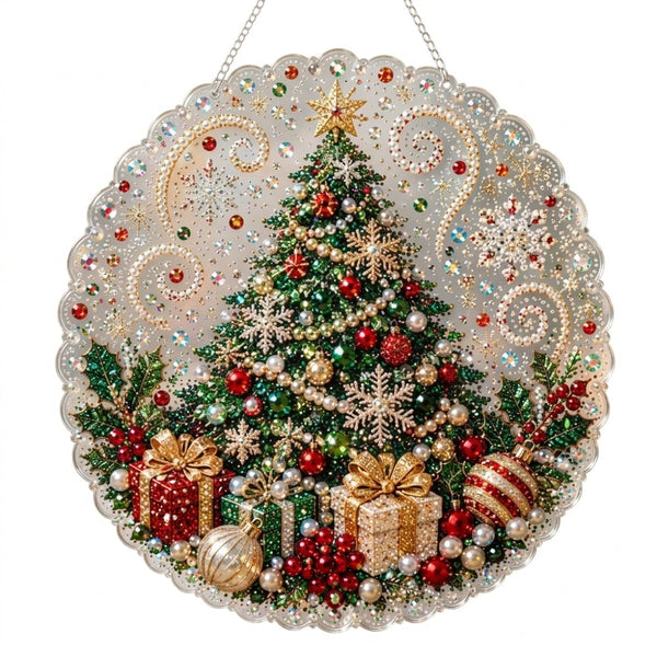 Christmas tree design 5D diamond painting suncatcher with gifts and baubles
