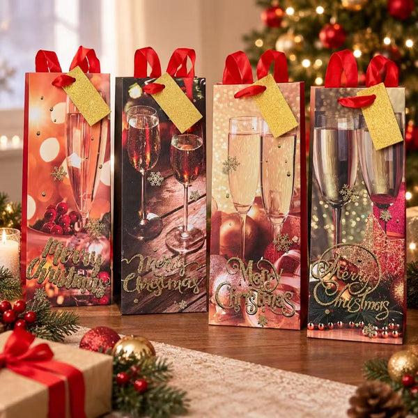 Four Christmas wine bottle gift bags by a Christmas tree