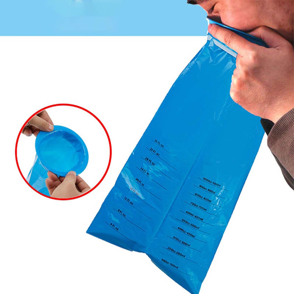 Man using a blue disposable vomit bag with a ring opening