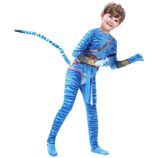 Full length kids Na'vi Avatar cosplay jumpsuit shown front on