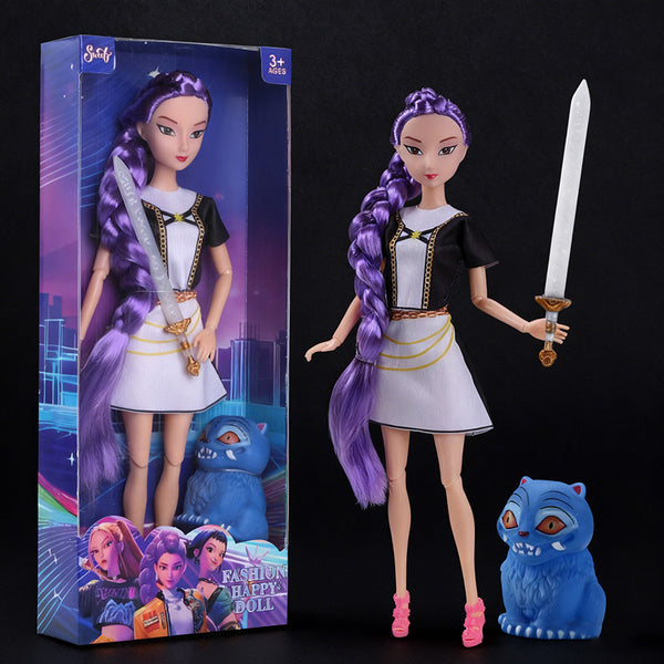 Purple braid K-pop doll with its box and prop sword