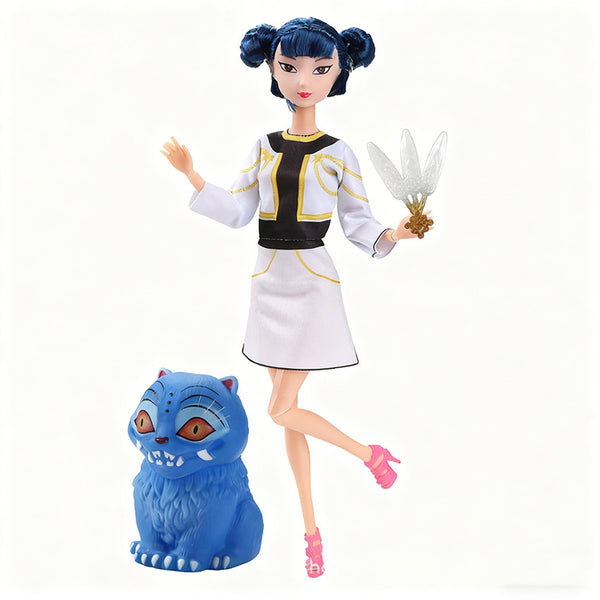 Black bun K-pop doll with fan prop and blue companion figure