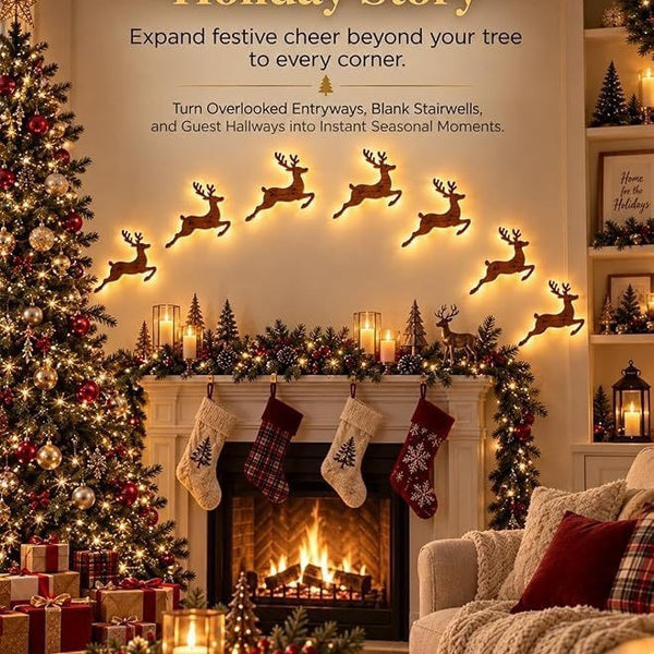 Wooden LED reindeer arched above a fireplace - Christmas decorations indoor