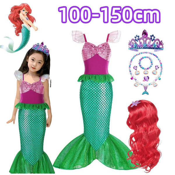 Girl in Little Mermaid Ariel costume with dress crown jewellery and red wig
