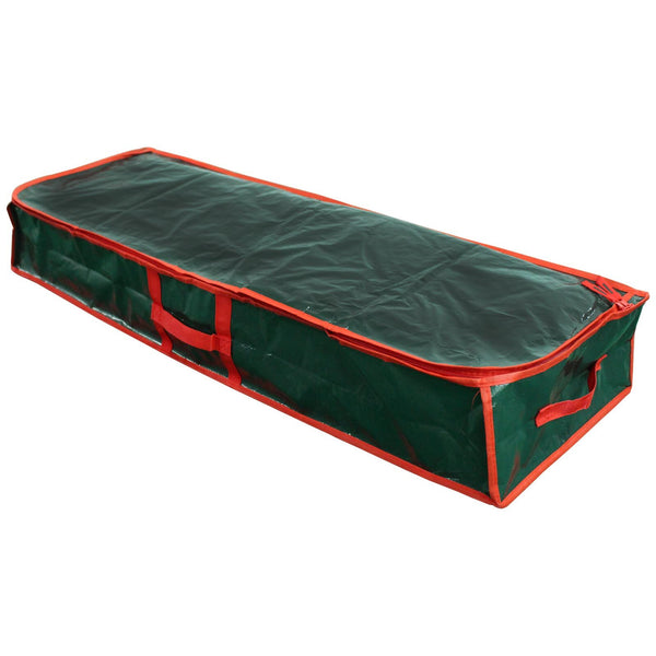 Green wrapping paper storage bag, closed, with red trim and carry handles