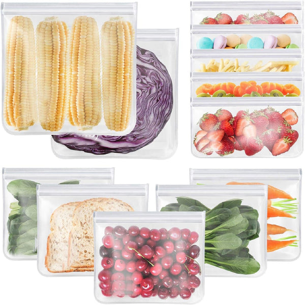 15PCS Reusable Food Storage Bags Silicone Zip Lock Freezer Bags 3 Sizes