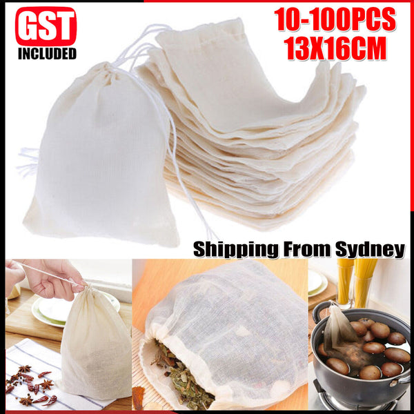 10-100Pcs Reusable 100% Cotton Mesh Filter Bags Spices Herbs Tea Soup Drawstring
