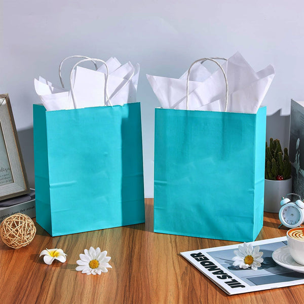 100PCS Sky Blue Kraft Paper Bags with Handles – Gift & Shopping Carry Bags