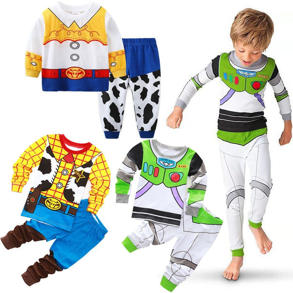 Toy Story kids pyjamas in Buzz Lightyear, Woody and Jessie designs with a boy wearing Buzz