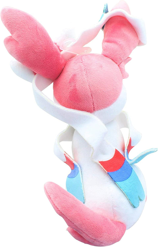 Back view of the pink and white plush toy