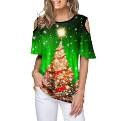 Women's Christmas Top - Cold Shoulder Christmas Tree T-Shirt in Red, Green, Purple or Blue, M to 5XL