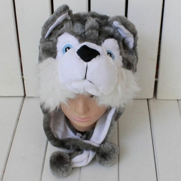 Dog Hat Dress Up Warm Plush Winter Adults Kids Snow Wolf Animal Costume Beanie