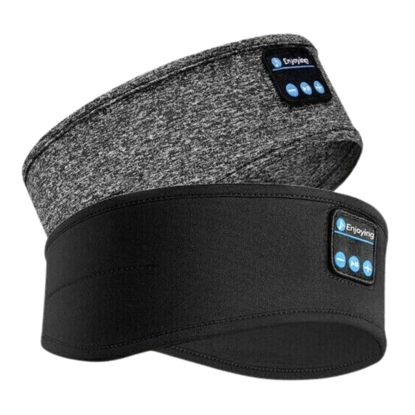 Sleep headphones: grey and black Bluetooth headbands on a white background