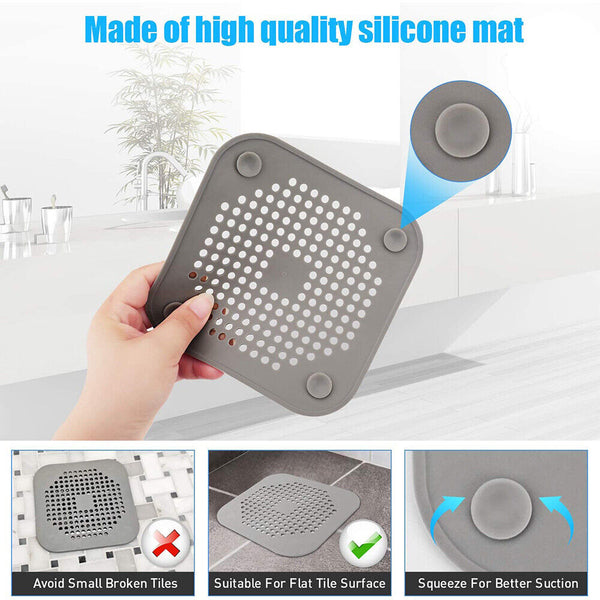 Square Drain Cover for Shower Drain Hair Catcher Flat Silicone Plug for Bath