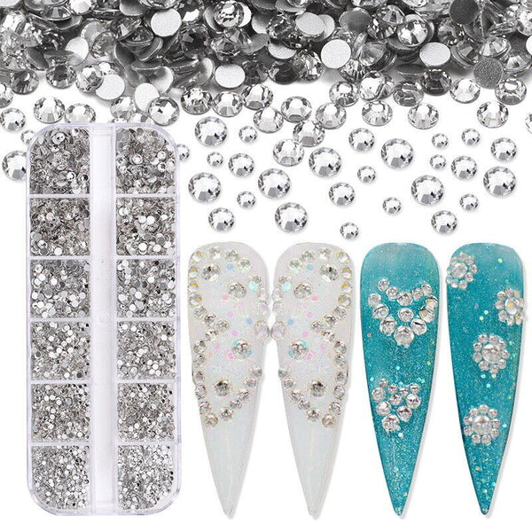 Flat Back Box Crystal Nail Art Decor AB Nails Rhinestones Diamond Beads 12 Grids