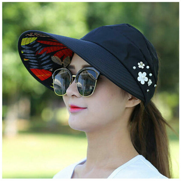 Summer Hat Visor Ladies Wide Brim Foldable Roll Up Sun Cap Golf Beach Women