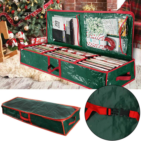 Green storage bag by a Christmas tree with buckle and handle close-ups