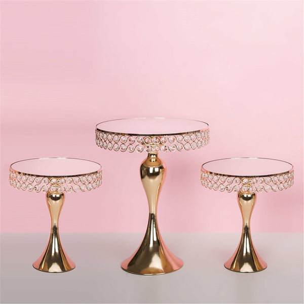 3PCS Gold Mirror Cake Stand Cupcake Holder Crystal Dessert Display Wedding Party