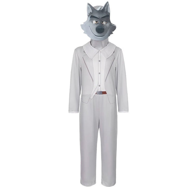 Child in white Mr Wolf jumpsuit costume with grey wolf mask