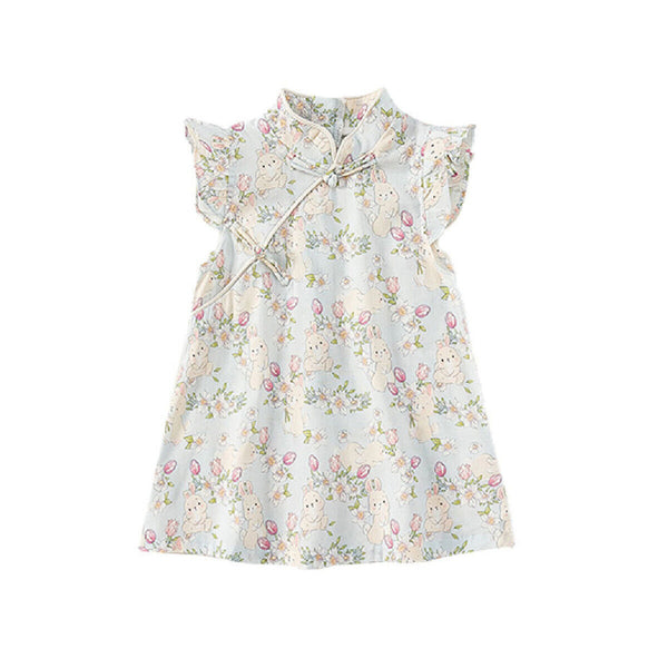 Summer Girls Cheongsam Dress | Stand Collar Flying Sleeve Rabbit Print Qipao