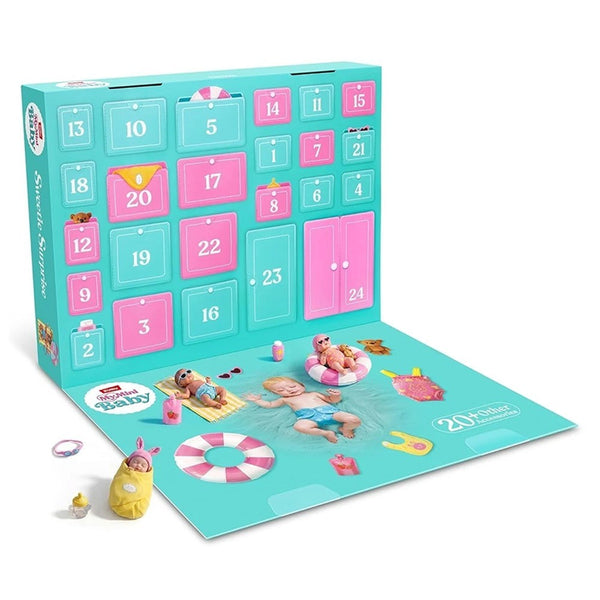 Girls advent calendar mini baby doll advent calendar open with 24 windows, pink doors and a fold-out pool play mat