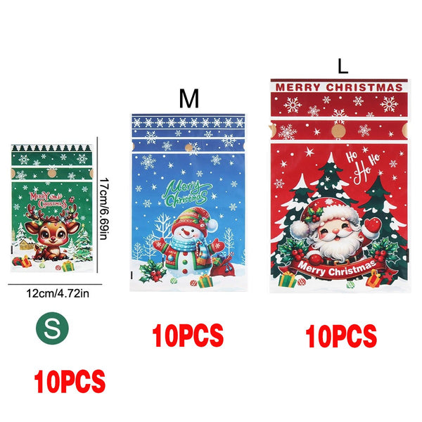 Mixed size pack H: 10 small Reindeer, 10 medium Snowman and 10 large Santa Christmas gift bags