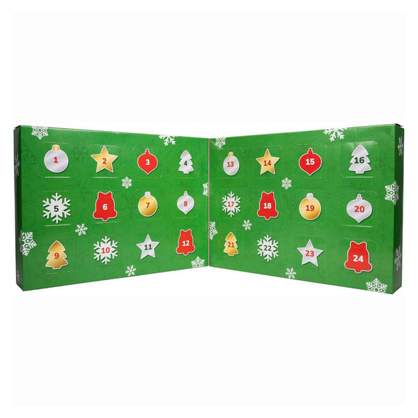 Open green advent calendar with 24 numbered doors