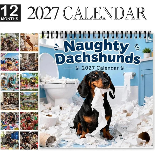 Dachshund calendar 2027 cover with previews of the 12 monthly naughty dachshund photos
