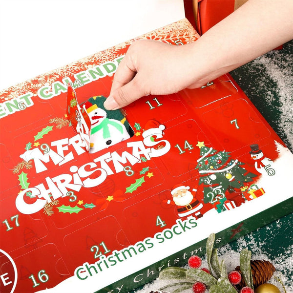 Opening a numbered door on the Christmas socks advent calendar