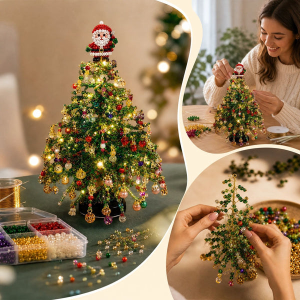 Santa topper beaded Christmas tree and the tree being assembled by hand