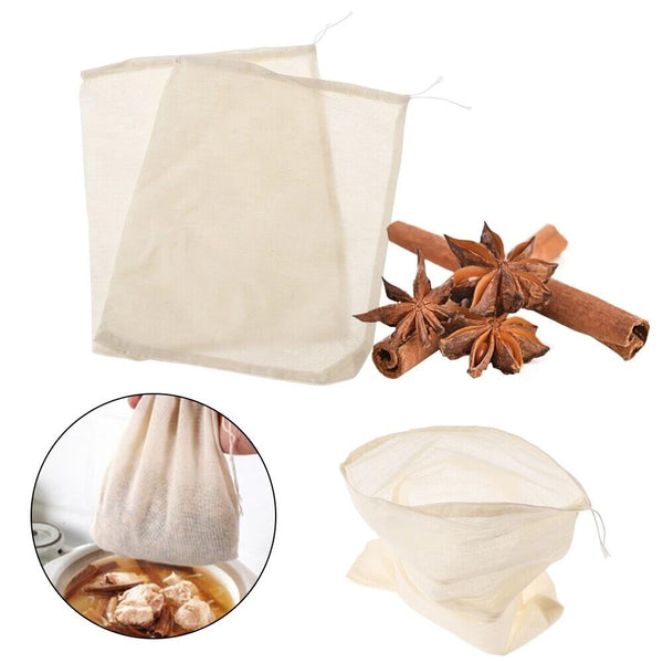 10-100Pcs Reusable 100% Cotton Mesh Filter Bags Spices Herbs Tea Soup Drawstring