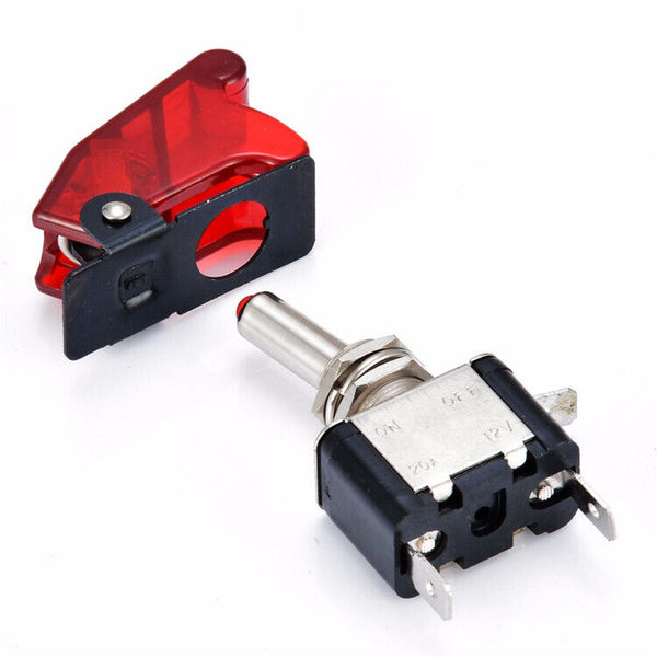 On/Off Toggle Switch RED LED Light w/ Missile Cover Heavy Duty SPST 12V/20A