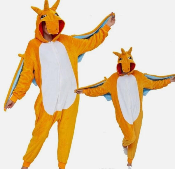 Orange Winged Dragon kigurumi onesie, front and back view