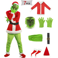 Christmas Costume Adults – Green Grump Santa Suit 7 Piece Set with Mask, M-3XL