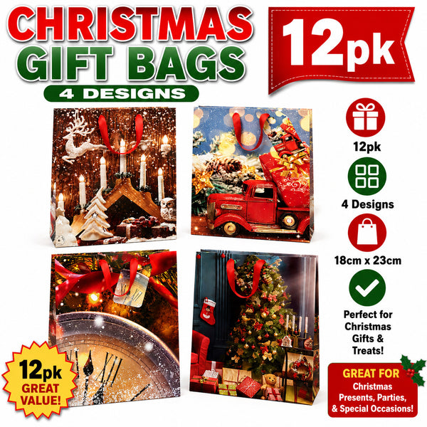 Christmas gift bags 12 pack, small 18 x 23 cm, 4 designs