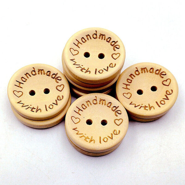 100PCS Natural Wooden Button Craft Sewing DIY Handmade With Love Wooden Buttons