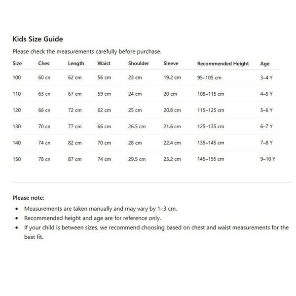 Rosalina costume kids size guide chart for sizes 110 to 160 by height