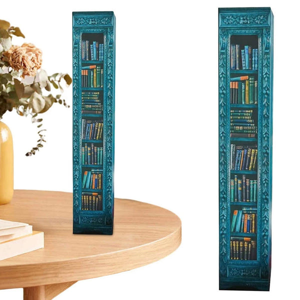 Blue bookshelf advent calendar on a side table